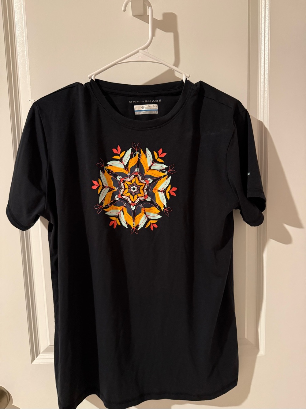 Columbia Black Short Sleeve Tee with Yellow Orange Red Mandala